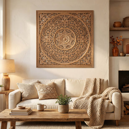 Carved Decorative Panel "Peony" - Natural Brown - 120 cm