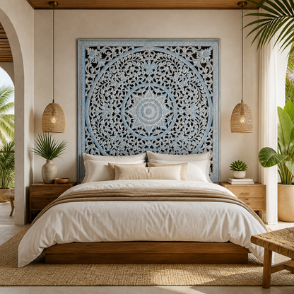 Carved Bed Headboard "Peony" in Light Blue Wash