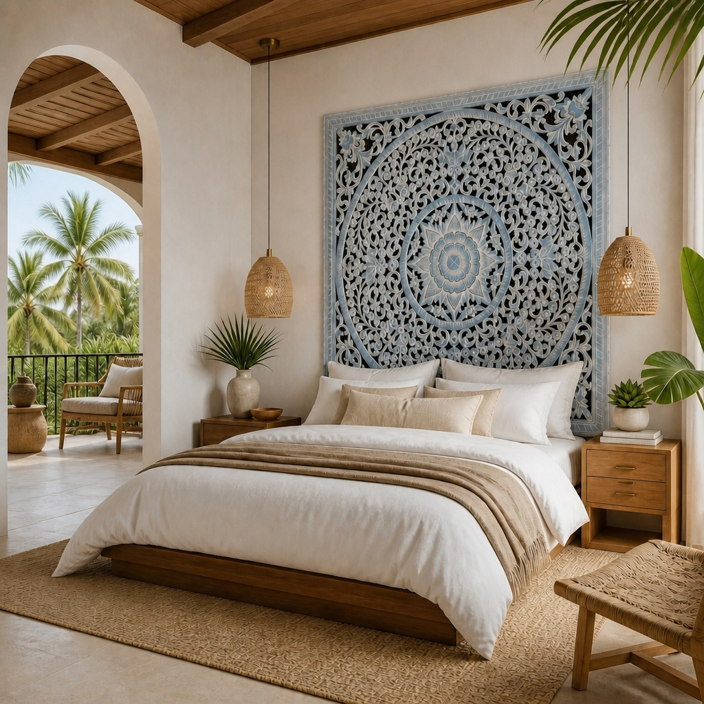 Carved Bed Headboard "Peony" in Light Blue Wash