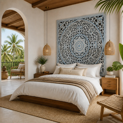 Carved Bed Headboard "Peony" in Light Blue Wash