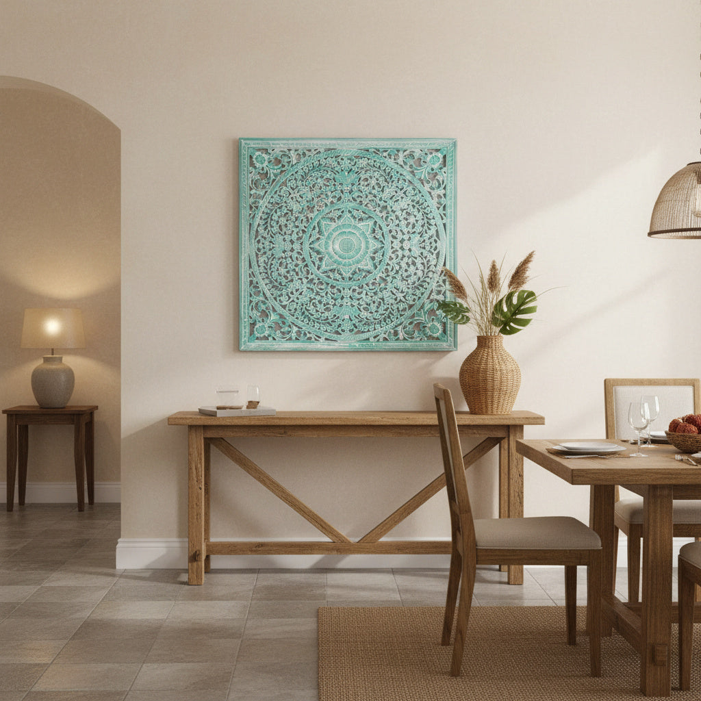 Carved Decorative Panel "Peony" in Green Wash - 110 x 110 cm