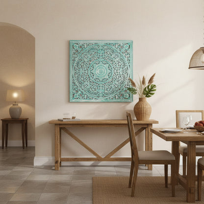 Carved Decorative Panel "Peony" in Green Wash - 110 x 110 cm