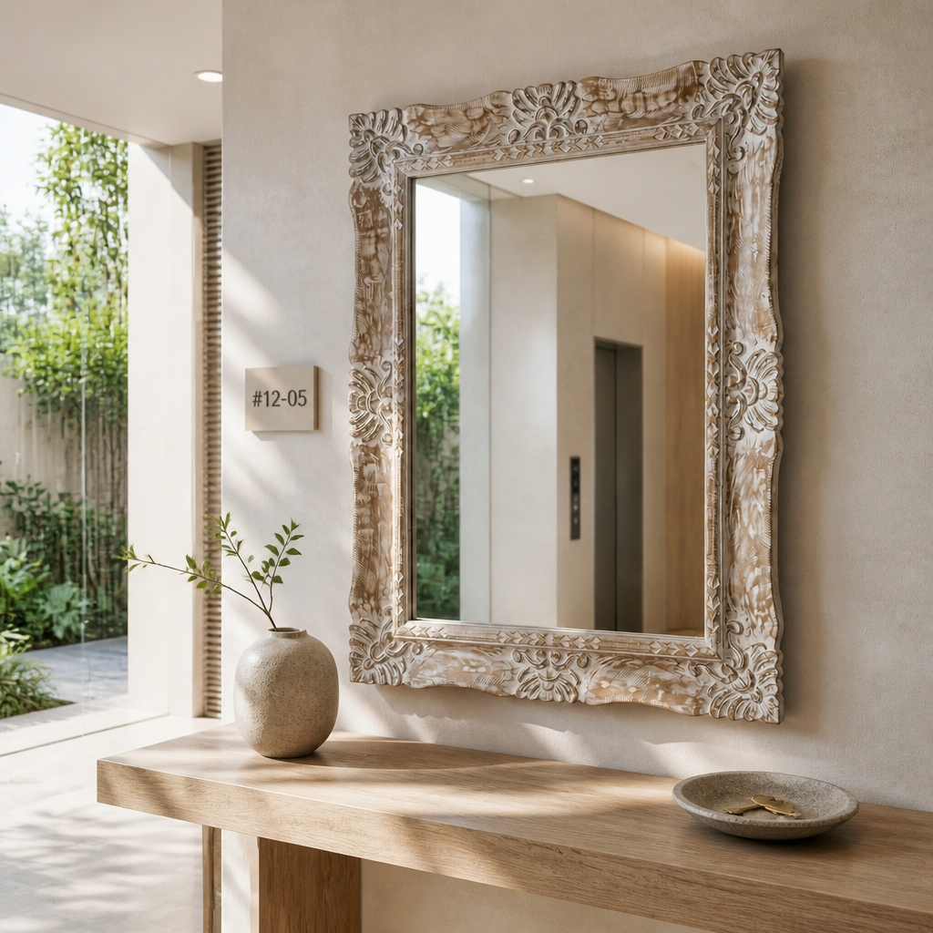 Hand Carved Mirror "Pertiwi" - Natural Wash - 90  cm