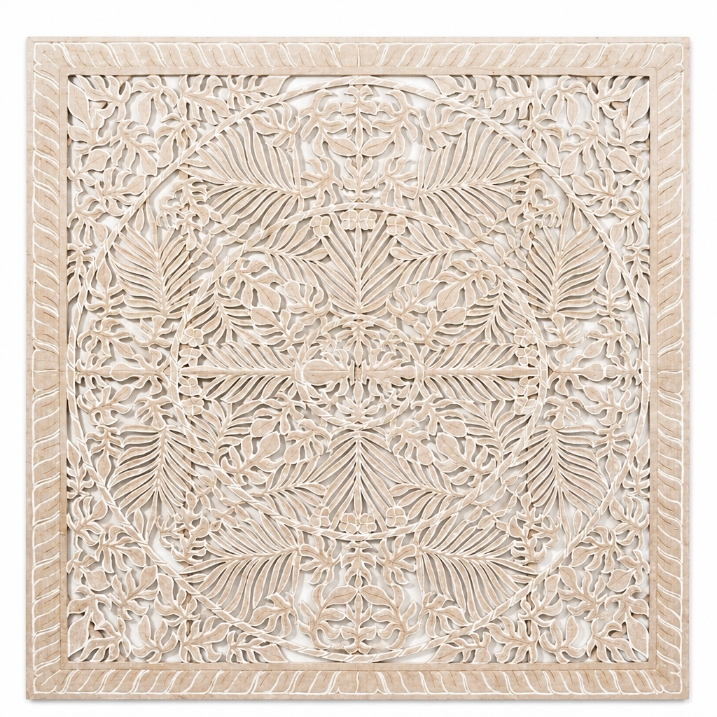 Hand Carved Full Bed Headboard 'Pucuk' - Antique wash