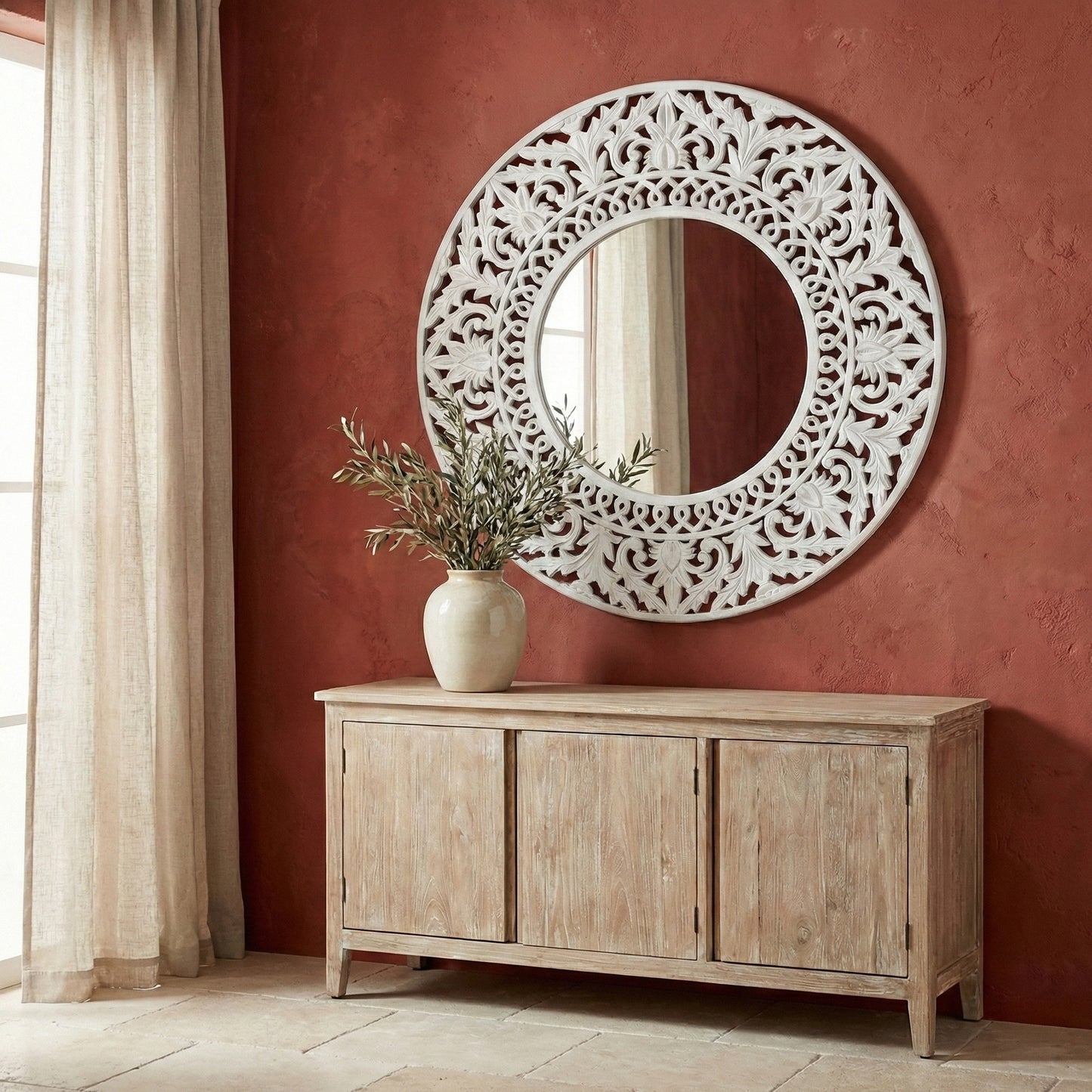 Hand Carved Mirror "Rahajeng" in White - 80 cm