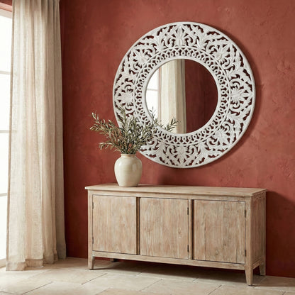 Hand Carved Mirror "Rahajeng" in White - 80 cm