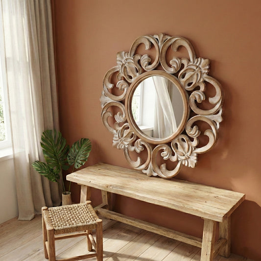 Hand Carved Mirror "Roopa" in Antic Wash - 80 cm