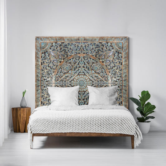 Carved Full Bed Headboard "Samudra" - Green Wash - USA