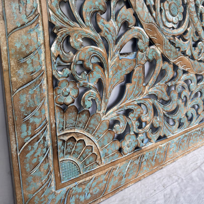 Carved Full Bed Headboard "Samudra" - Green Wash - USA