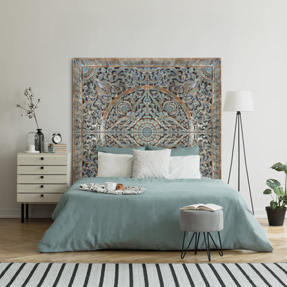Carved Full Bed Headboard "Samudra" - Green Wash - USA