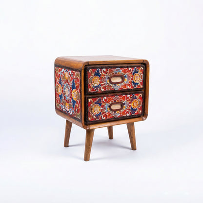 Wooden Carved Bedside Table 'Santi' - Natural and Multicolor Red - 50cm