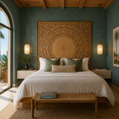Carved Full Bed Headboard "Seruni" in Natural Brown