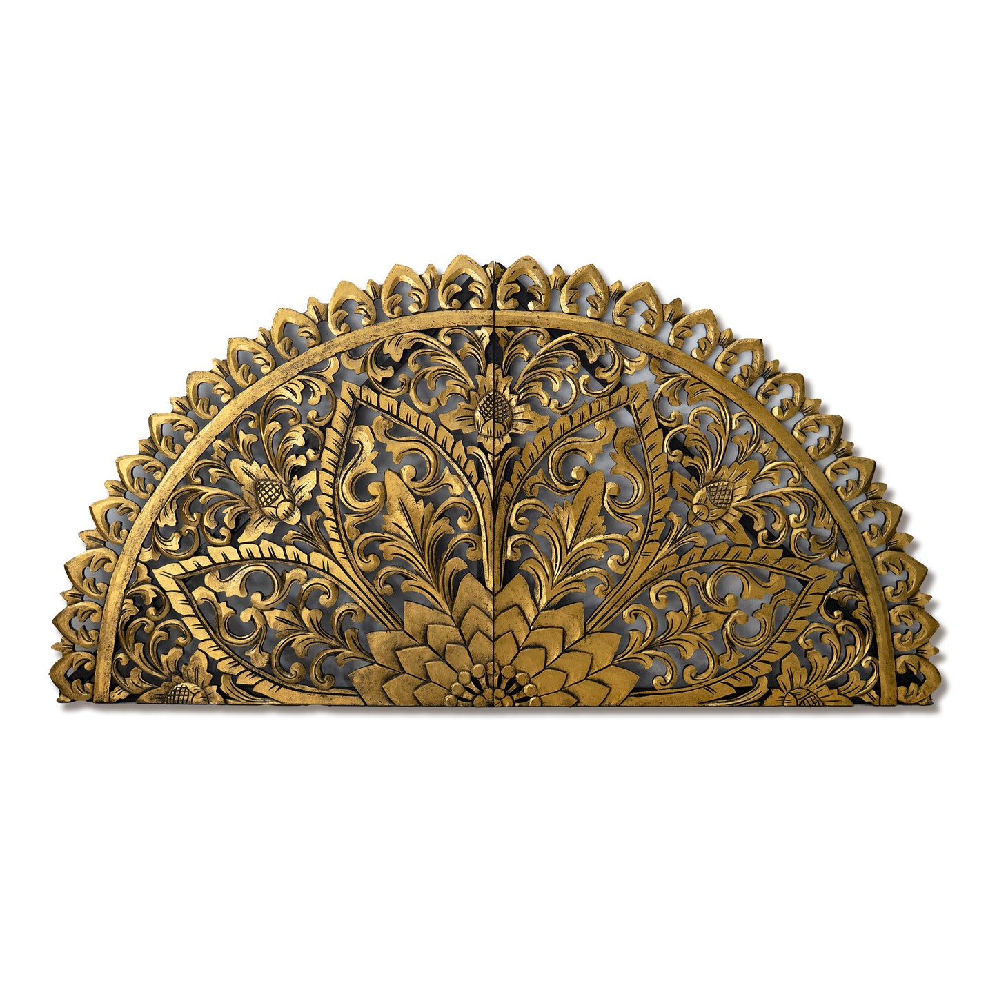 Hand Carved Half-moon Mandala Bed Headboard - 'Serupa' in Gold Antique