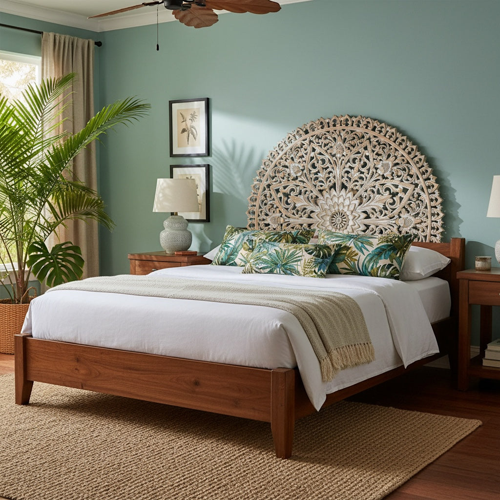 Hand Carved Half-moon Mandala Bed headboard 'Serupa' in Antic Wash