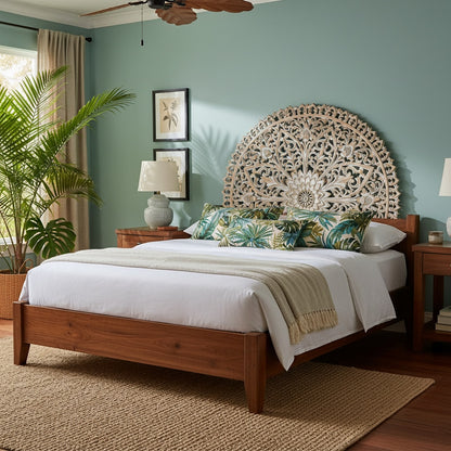 Hand Carved Half-moon Mandala Bed headboard 'Serupa' in Antic Wash