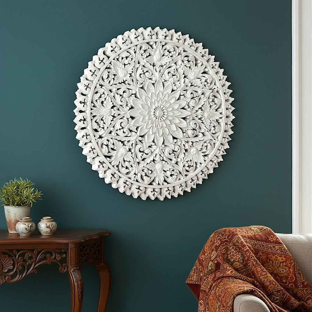 Carved Decorative Mandala "Serupa" - White - 80 cm
