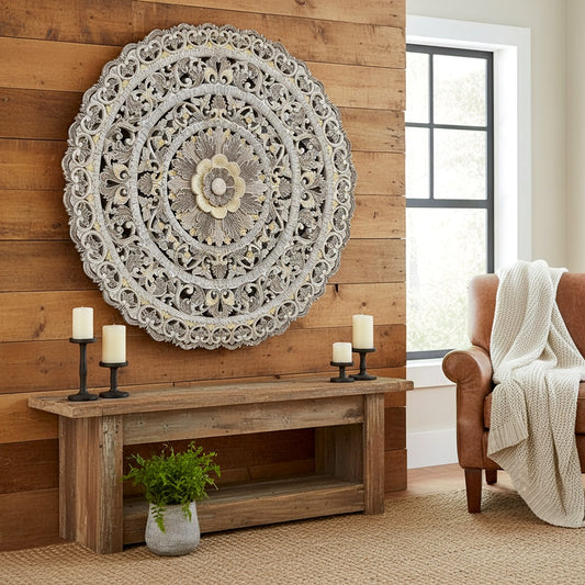 Carved Mandala Decorative Panel "Sri" - Brown - 100 cm