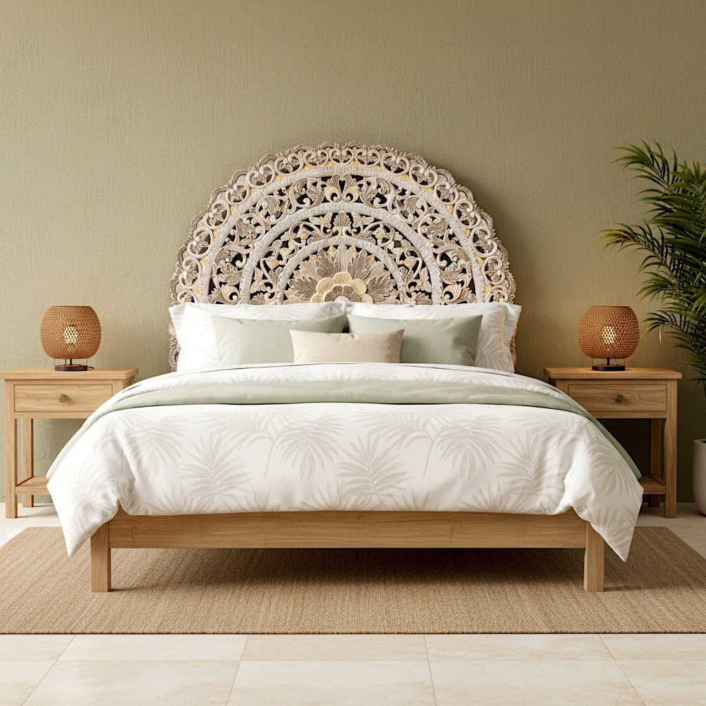 Hand Carved Half-moon Mandala Bed headboard - 'Sri' in Multi Color Brown