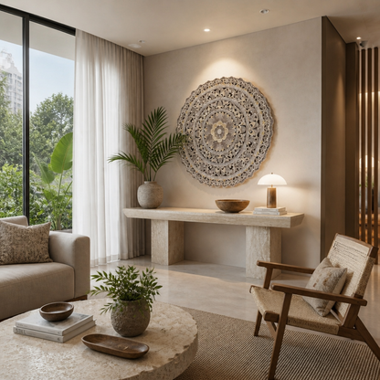 A styled interior room scene with a round carved wall art piece above a stone console table, a large potted palm, a beige sofa, a woven armchair, and a round stone coffee table in a bright modern room.