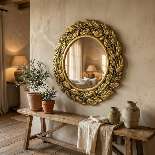 Hand Carved Mirror "Surya" in Gold Wash - 70 cm