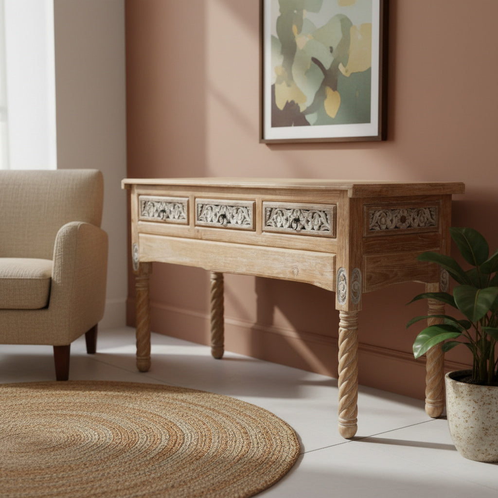 Wooden Carved Console Table "Candra" - Grey & White Wash - 150 cm