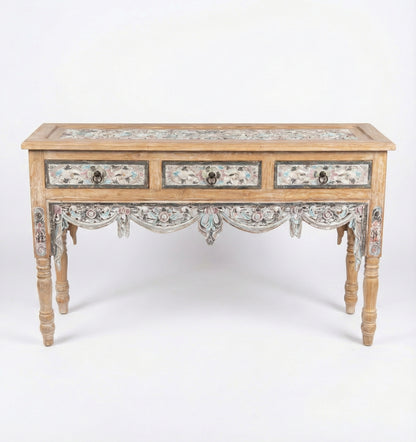 Wooden Carved Console Table "Srikandi" - Blue & White Wash - 150 cm