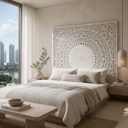 Carved Full Bed Headboard "Seruni" in White