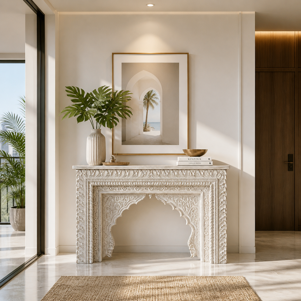 Hand-Carved Wooden Console Table “Ashama” – Distressed White Finish - 130 x 80 cm