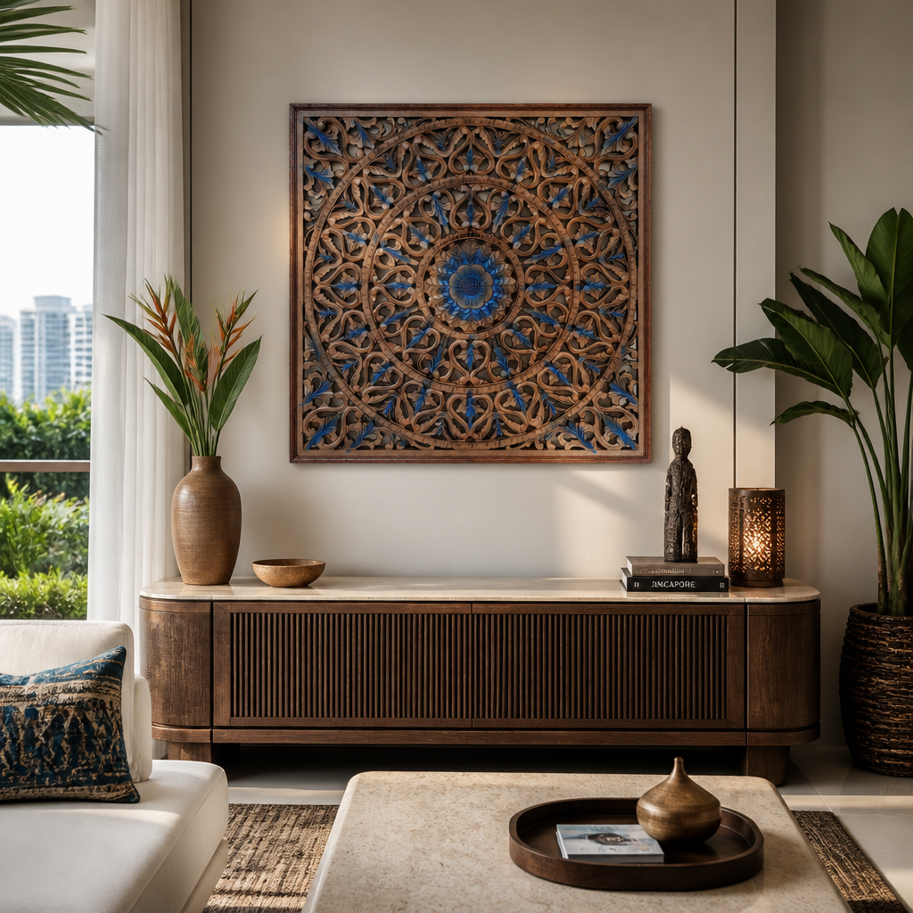 Carved Decorative Panel "Tropis" in Blue and Brown Wash - 120 x 120 cm