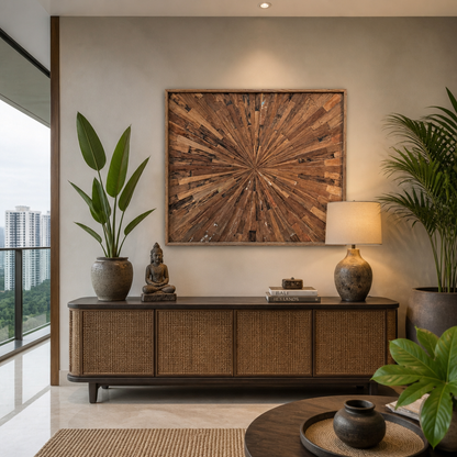 Reclaimed Wood Starburst Mosaic 'Sekala' - 110 x 95 cm