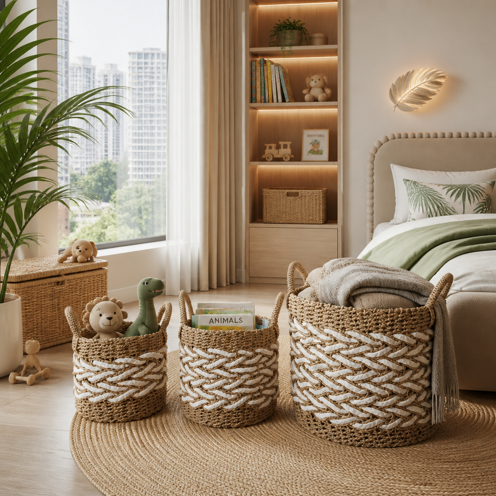 Set of 3 Baskets 'Papua' - White & Natural