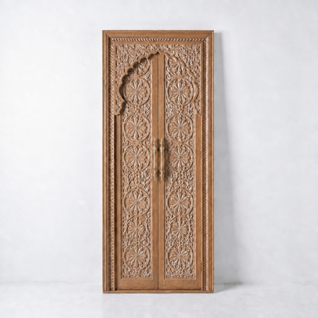 Teak Wooden Hand Carved Door 'Tirta' in Natural Wash - 213 x 90 cm