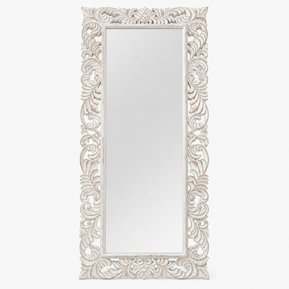 Hand Carved Mirror "Pelangi" in White Wash - 180 x 80 cm