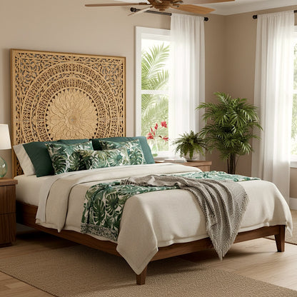 Carved Full Bed Headboard "Seruni" in Natural Brown