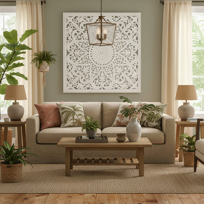 Carved Decorative Panel "Jantung" - Antic Wash & White - 100 x 100 cm