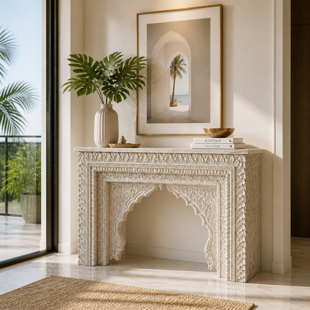 Hand-Carved Wooden Console Table “Ashama” – Distressed White Finish - 130 x 80 cm