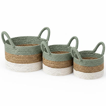 Set of 3 Baskets 'Dewi' - Green, White and Natural