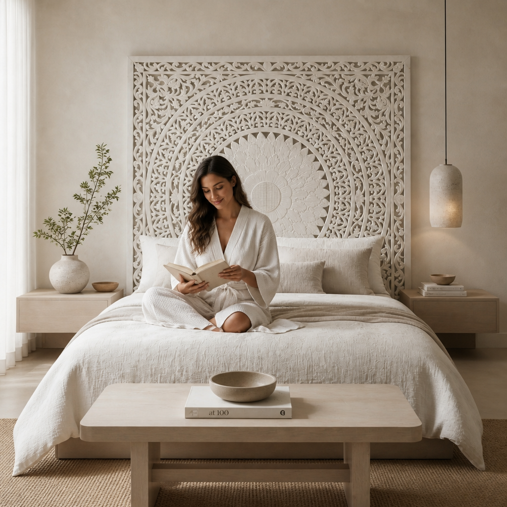 Carved Full Bed Headboard "Seruni" in White