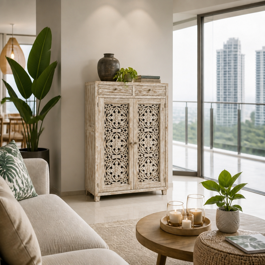 Wooden Hand Carved Cabinet 'Aura' - Natural Wash - 140 cm