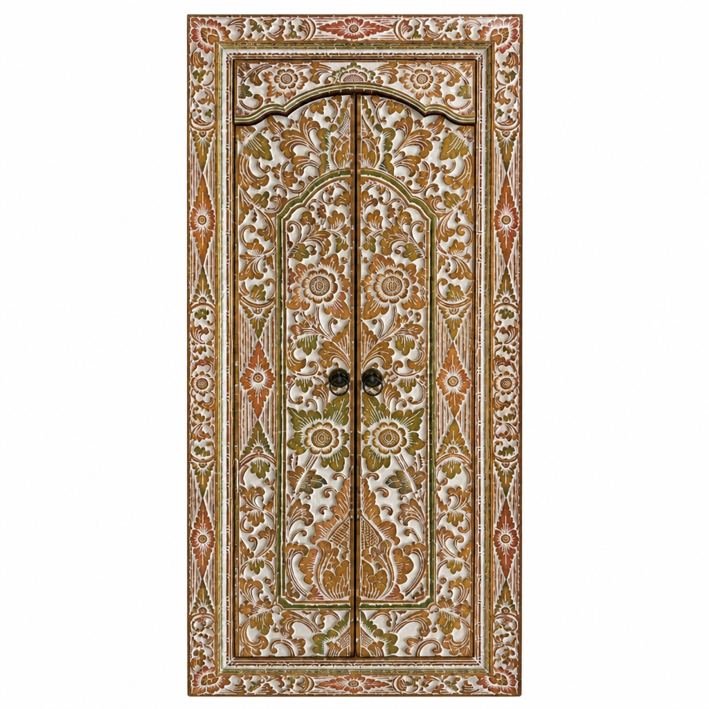 Teak Wooden Hand Carved Balinese Door 'Seseh' in Antique Gold Antique Wash - 210 x 100 cm