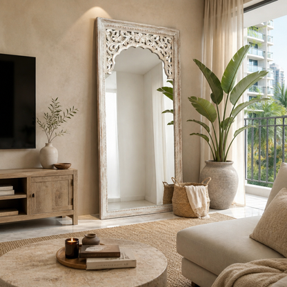 Hand Carved Mirror "Cahaya" - Antique Wash - 180 x 80 cm