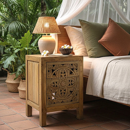 Wooden Carved Bedside Table 'Amed' - Natural Wood