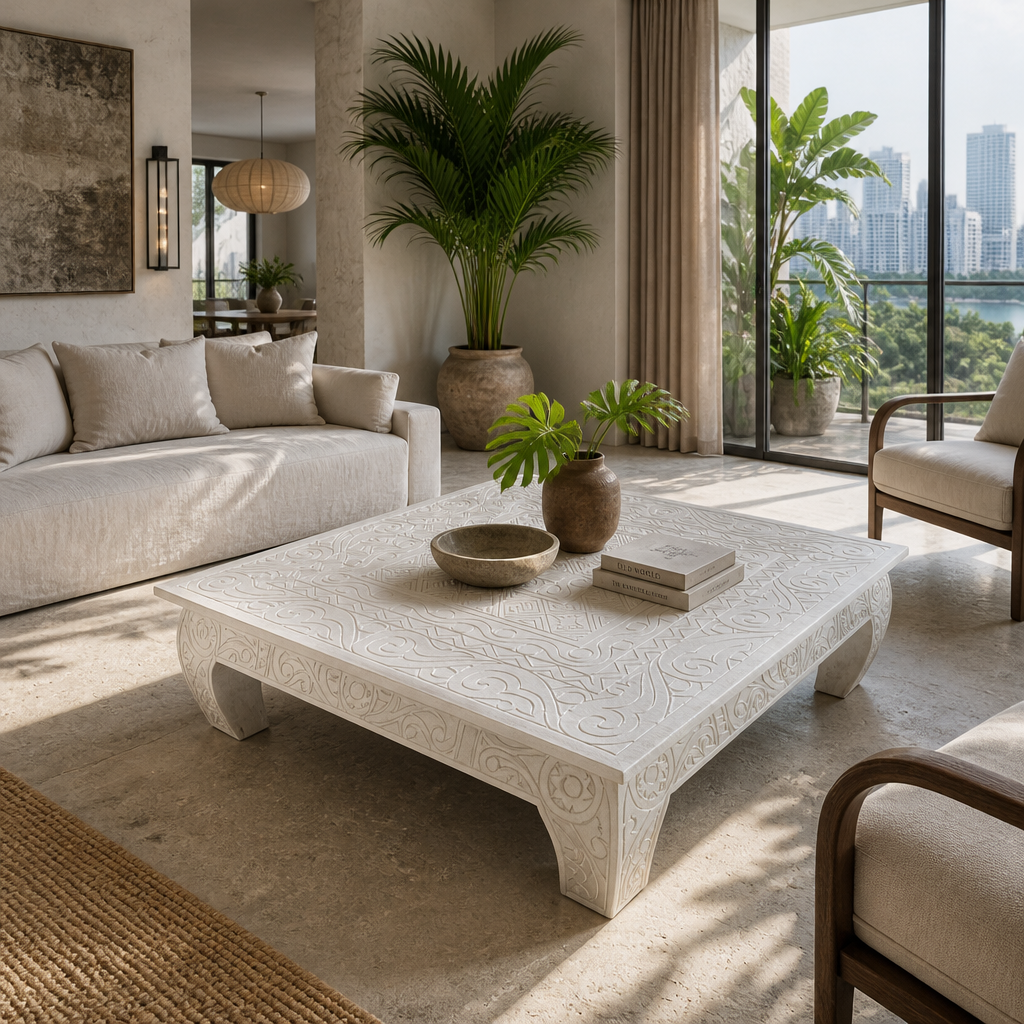 Wooden Hand-Carved Coffee Table “Suku” – White – 90 x 90 cm