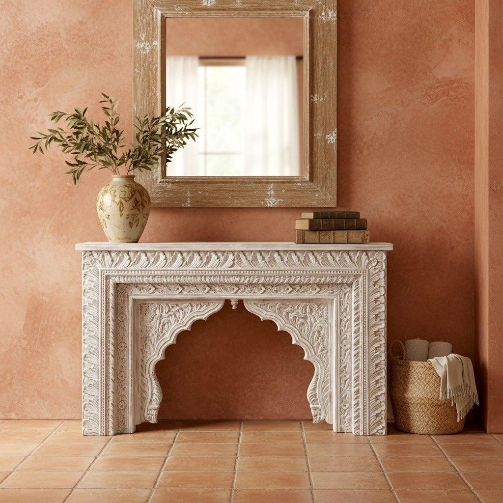 Hand-Carved Wooden Console Table “Ashama” – Distressed White Finish - 130 cm