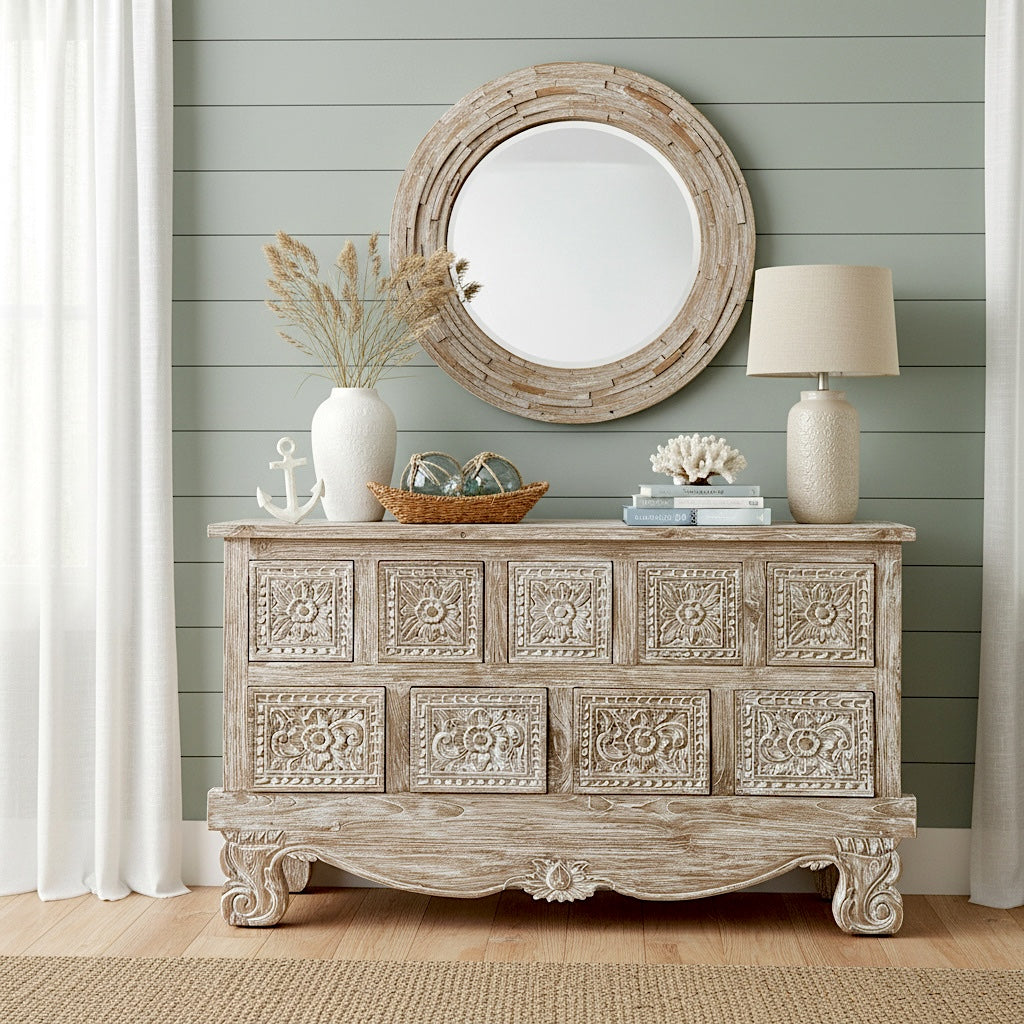 9-Drawer Wooden Carved Console Table "Naya" - 150 cm