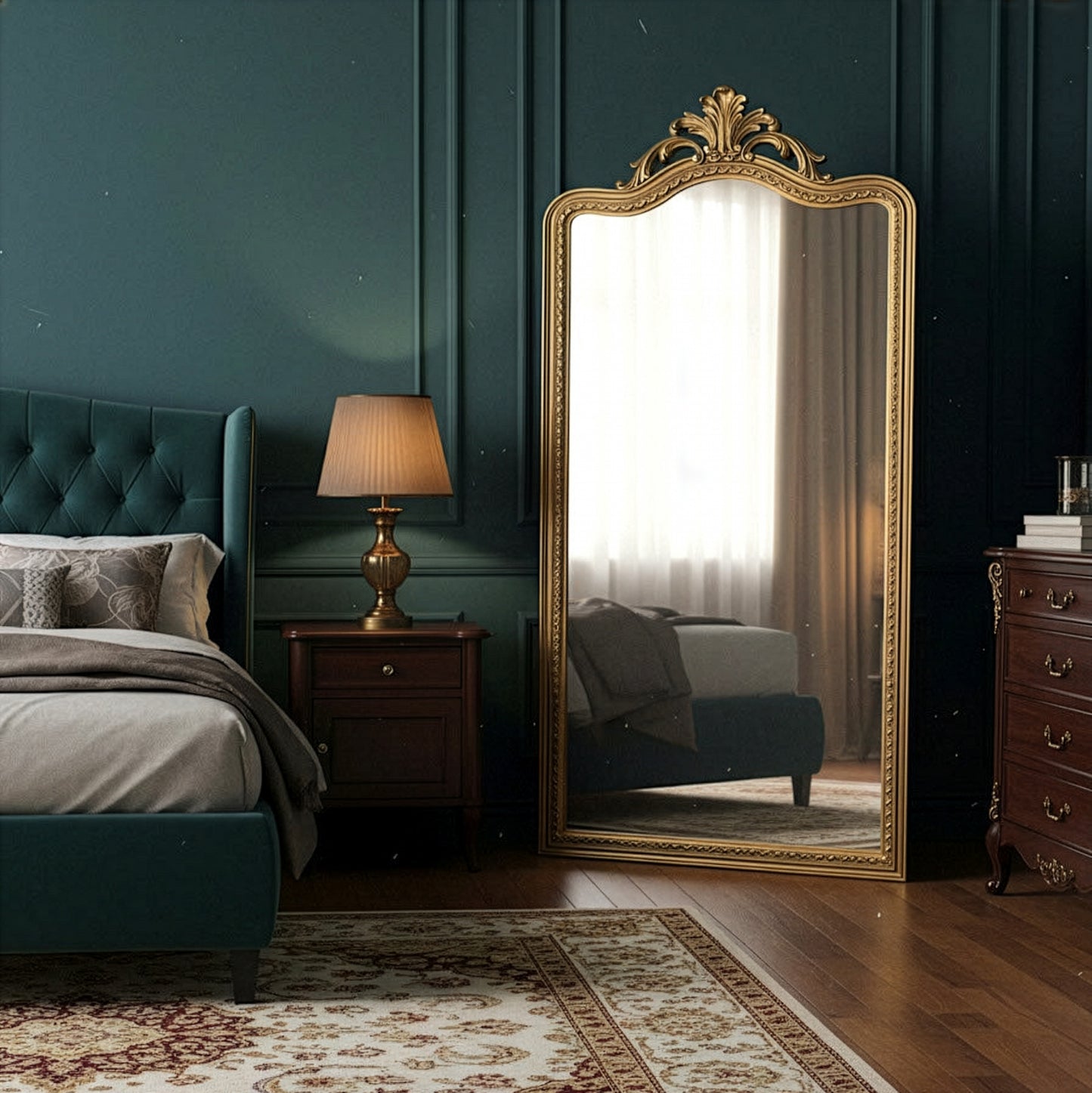 Hand Carved Mirror "Suksema" in Brass Antique Gold - 200 x 90 cm