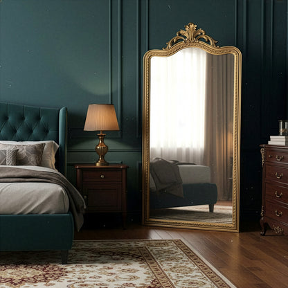 Hand Carved Mirror "Suksema" in Brass Antique Gold - 200 x 90 cm