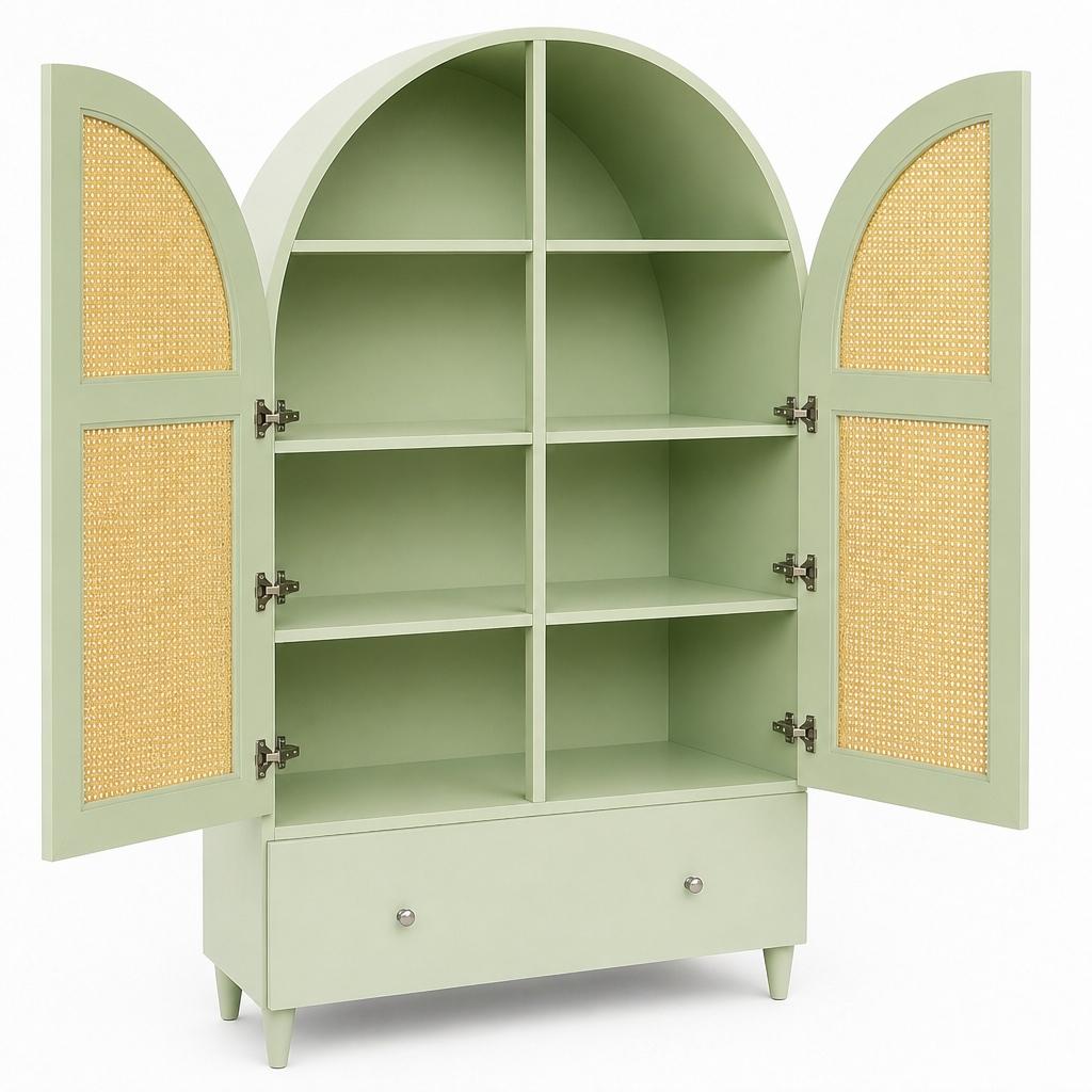 Wooden & Rattan Carved Wardrobe "Cemagi" - Sage & Natural - 200 x 100 cm