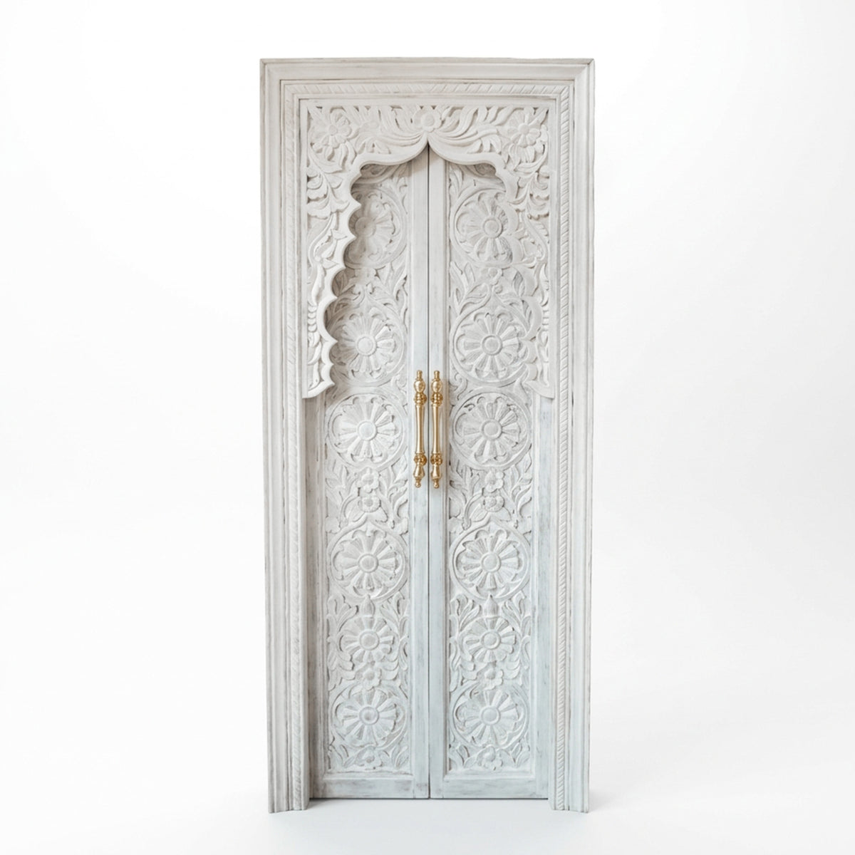 Teak Wooden Hand Carved Door 'Sindhu' in White Wash - 213 x 90 cm