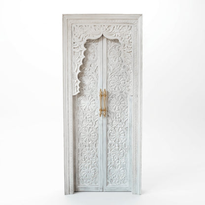 Teak Wooden Hand Carved Door 'Sindhu' in White Wash - 213 x 90 cm